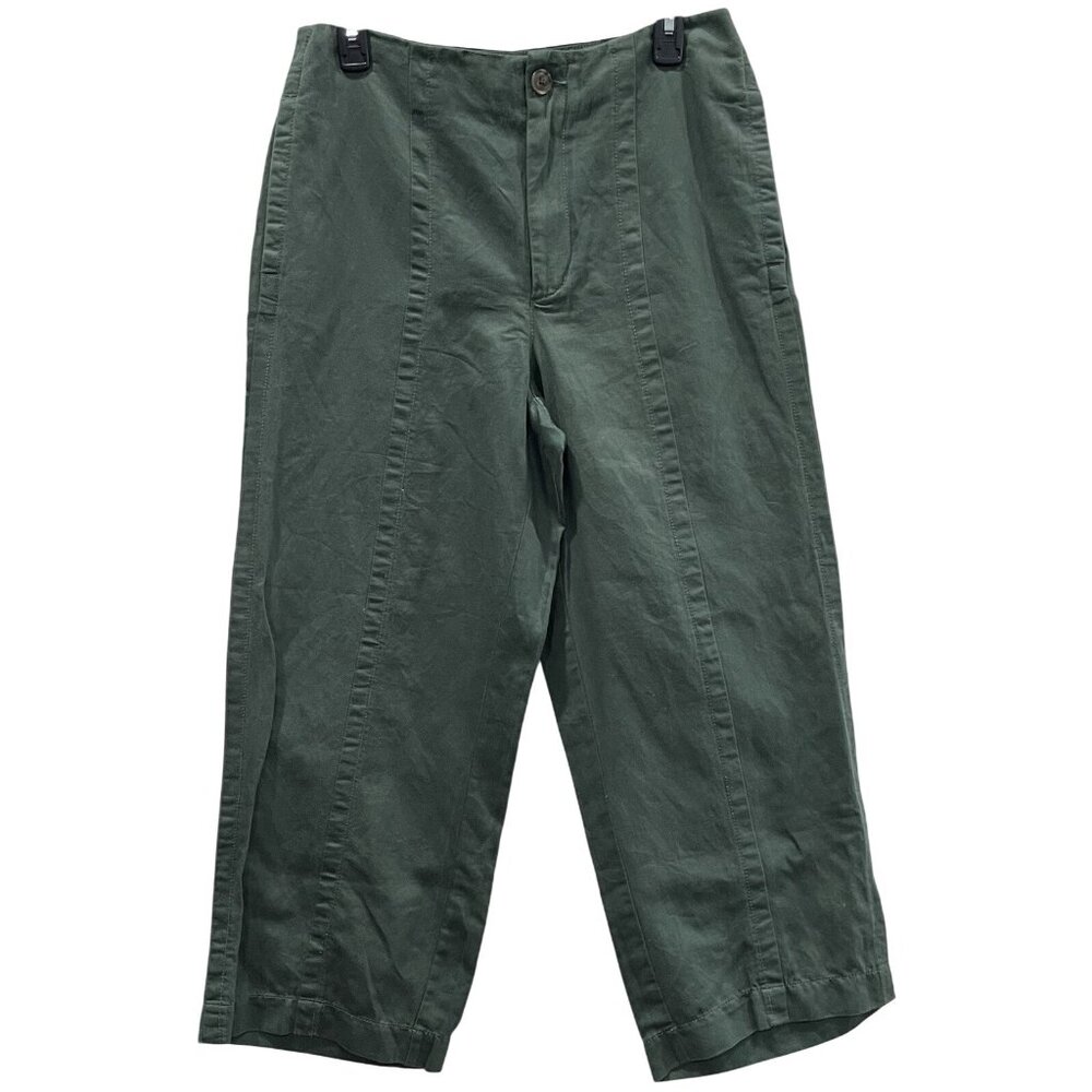 Loft Linen Blend Pants Womens 8 Olive Green Slacks Wide Leg Baggy Boho Coastal